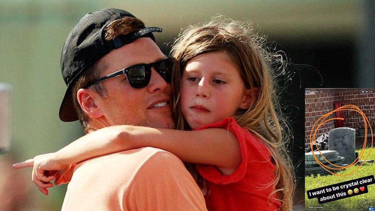 Tom Brady and his daughter Vivian. Inset: Brady gives warning to his daughter