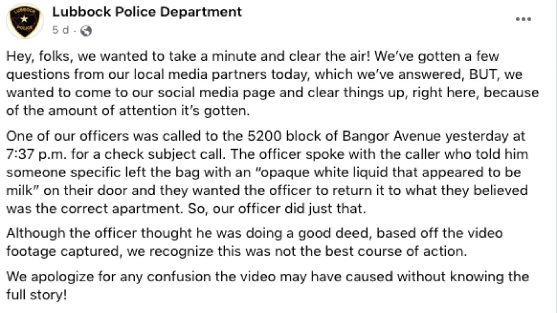 The Lubbock Police Department&#039;s apology (image via Lubbock Police Department/Facebook)