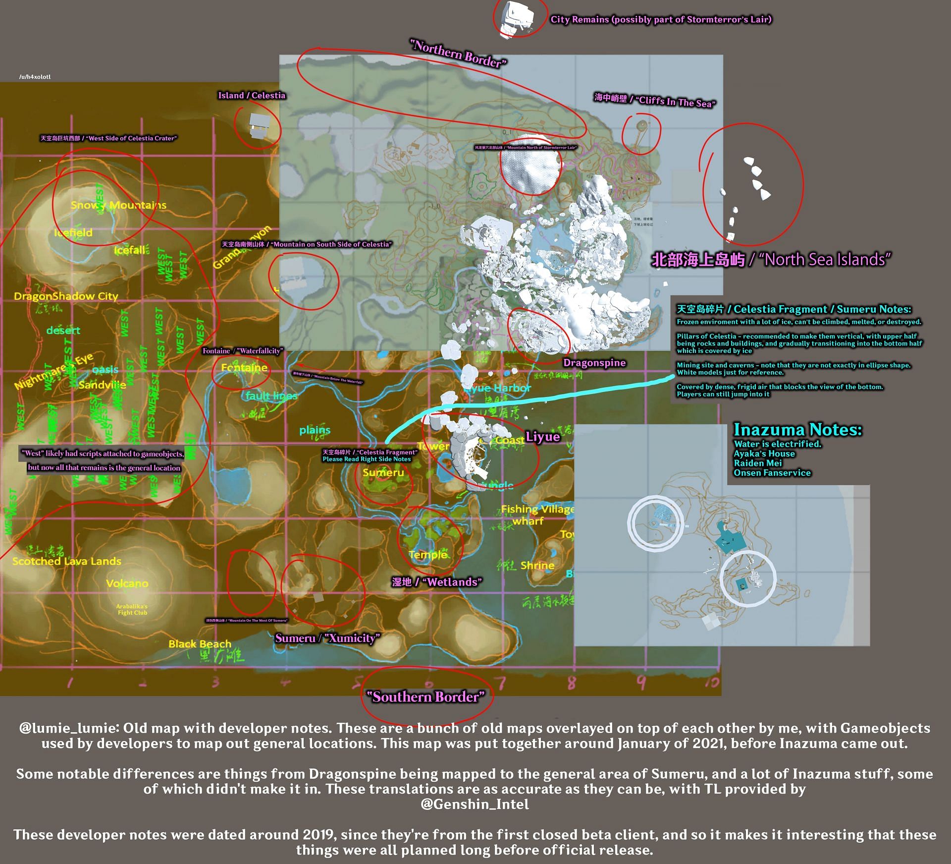 The old map with developer notes translated (Image via Lumie, Genshin Intel)