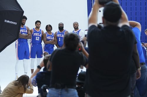 (L-R) Joel Embiid, Tobias Harris, Tyrese Maxey, James Harden, and P.J. Tucker of the Philadelphia 76ers