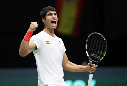 Carlos Alcaraz in action at the Spain v Canada - Davis Cup by Rakuten Group Stage 2022 Valencia.