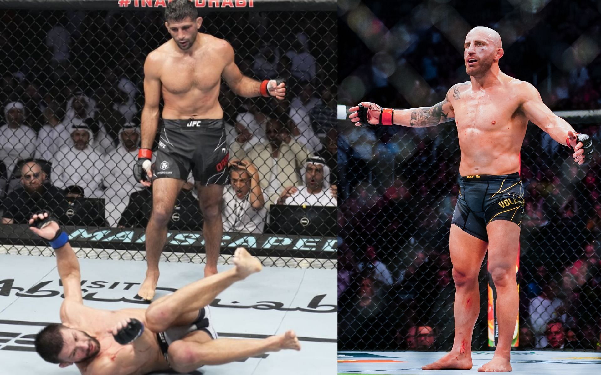Beneil Dariush vs. Mateusz Gamrot (left) and Alexander Volkanovski (right). [Images courtesy: left image from Instagram @ufc and right image from Getty Images]