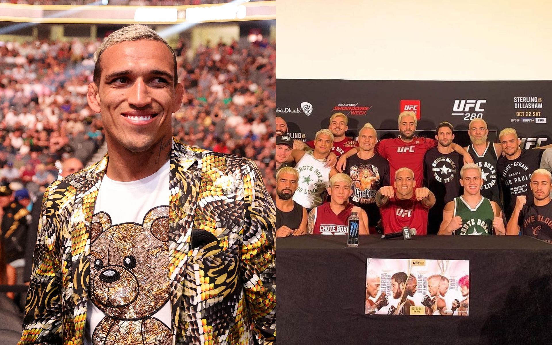 Charles Oliveira (Left), Oliveira and his team at the UFC 280 media day (Right) [Image courtesy: Getty Images and @charlesdobronxs Instagram]