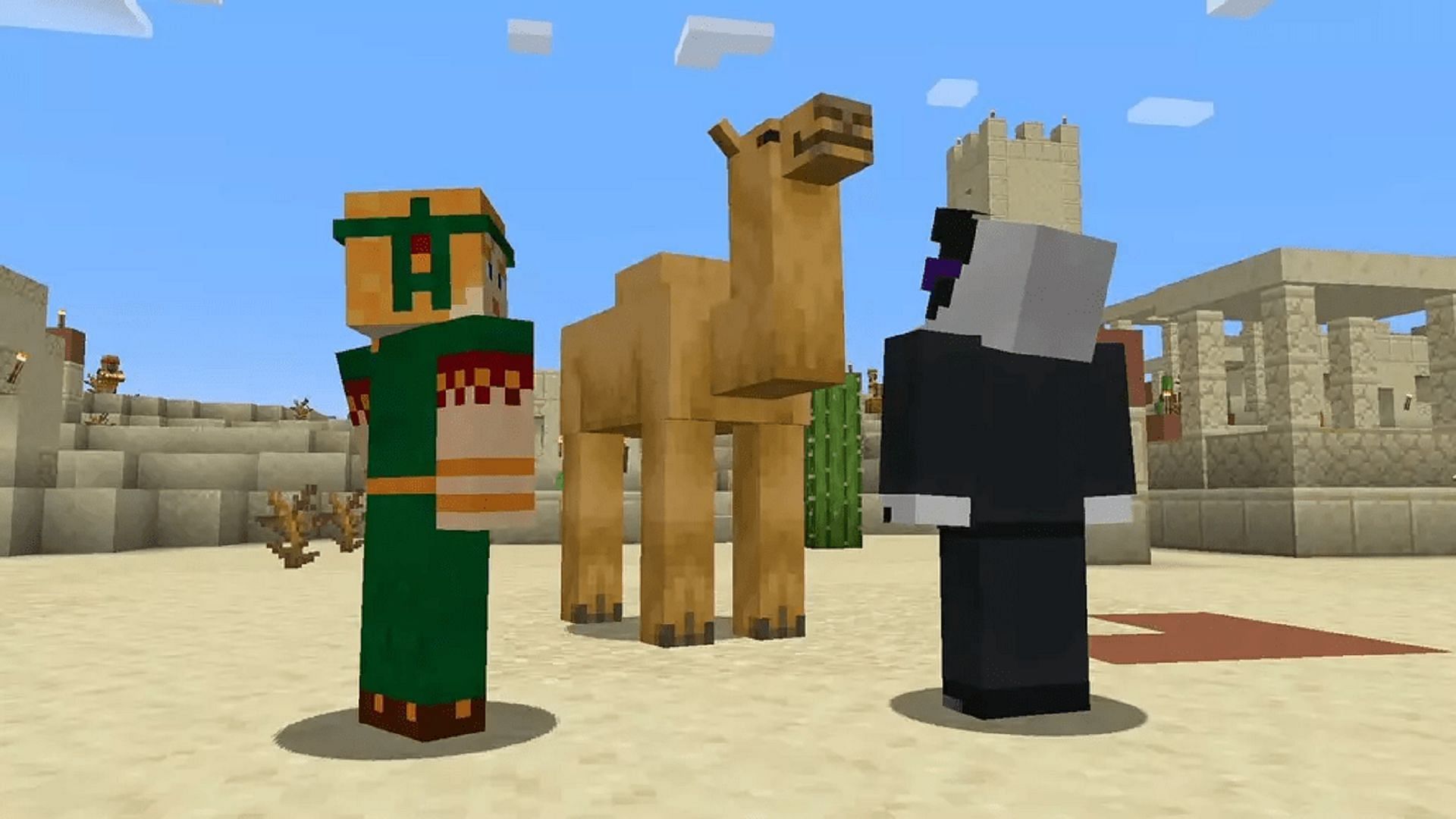 Players encounter a camel in a desert village (Image via Mojang)
