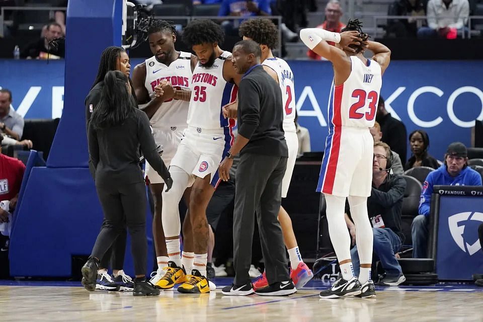 Detroit Pistons forward Marvin Bagley III is being helped off the court on Tuesday.