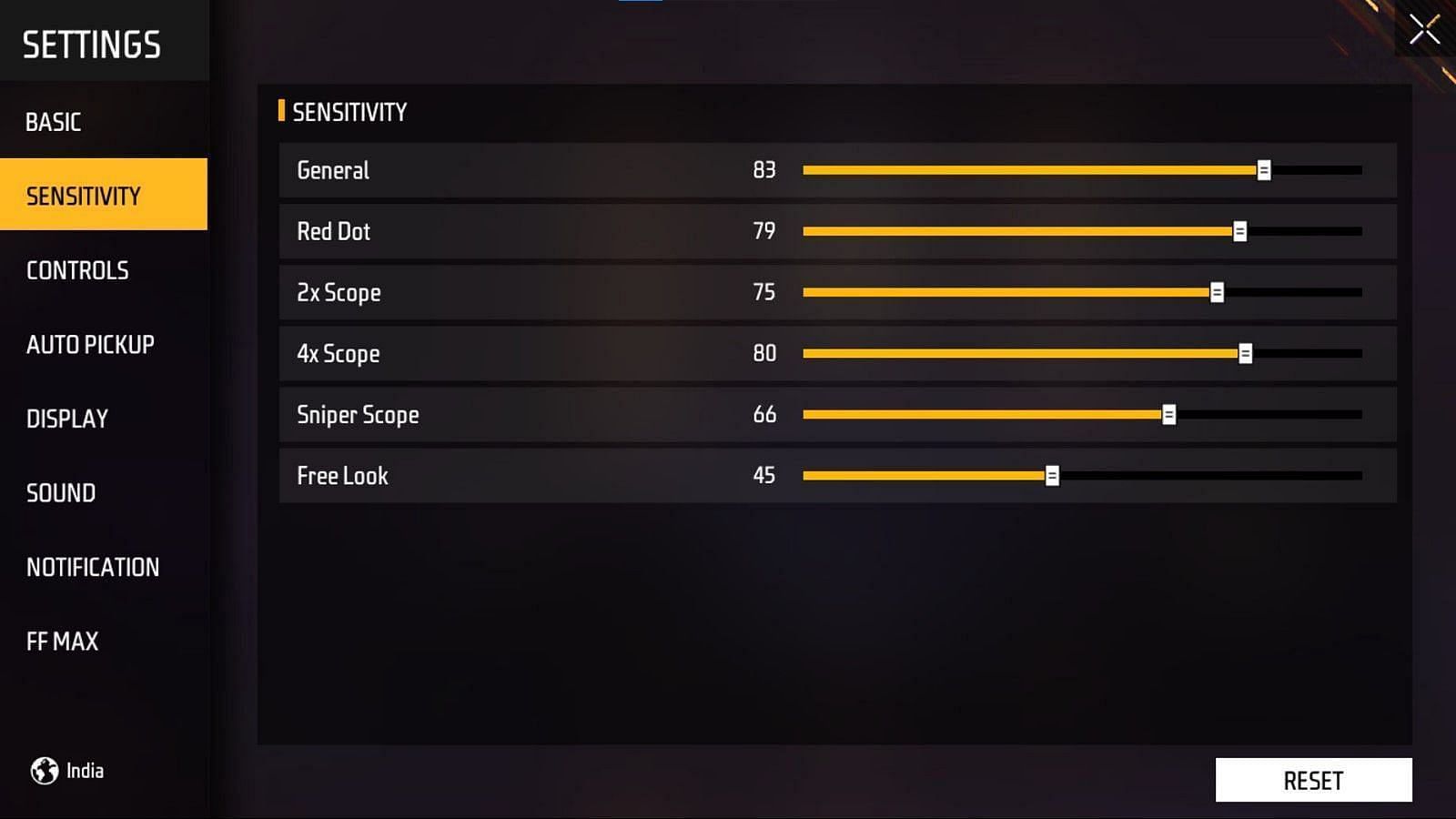 FF MAX sensitivity setting interface (Image via Garena)