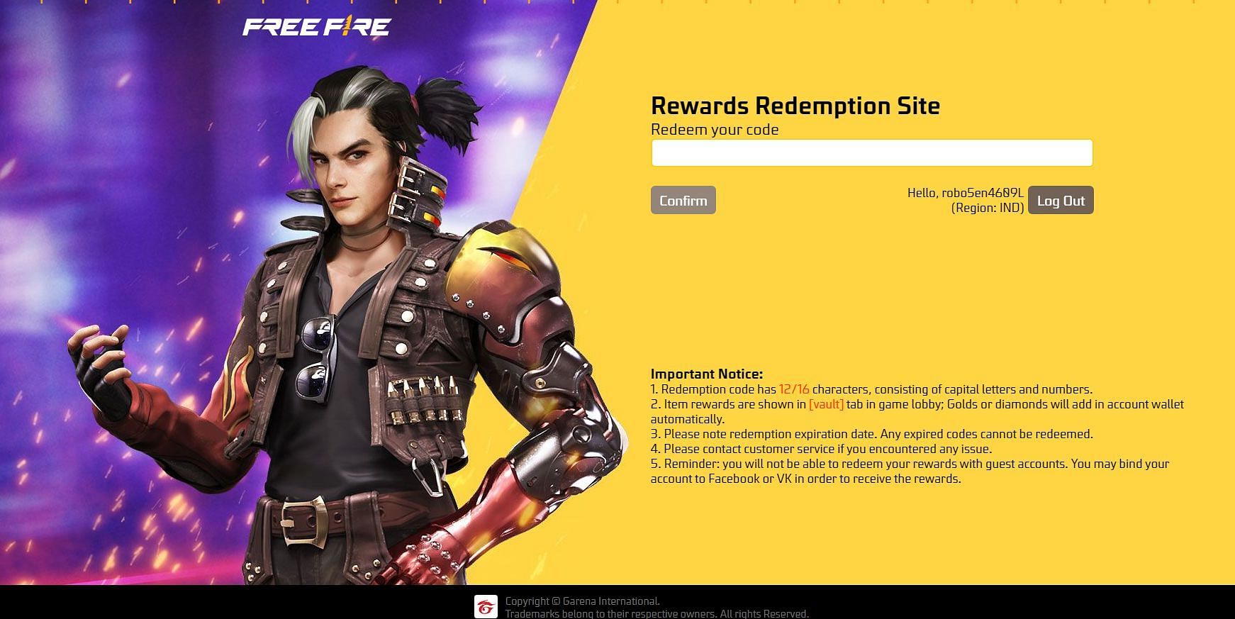 How to redeem a code to get a reward (Image via Garena)