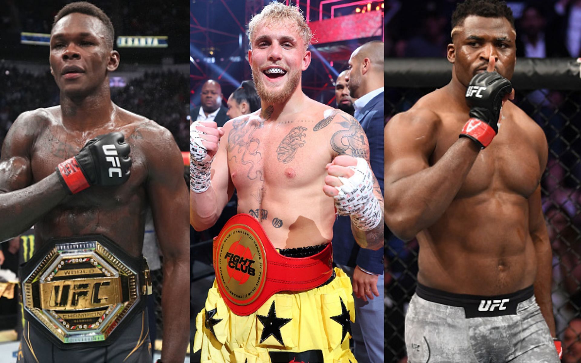 Israel Adesanya (left), Jake Paul (middle), Francis Ngannou (right)(Images via Getty)