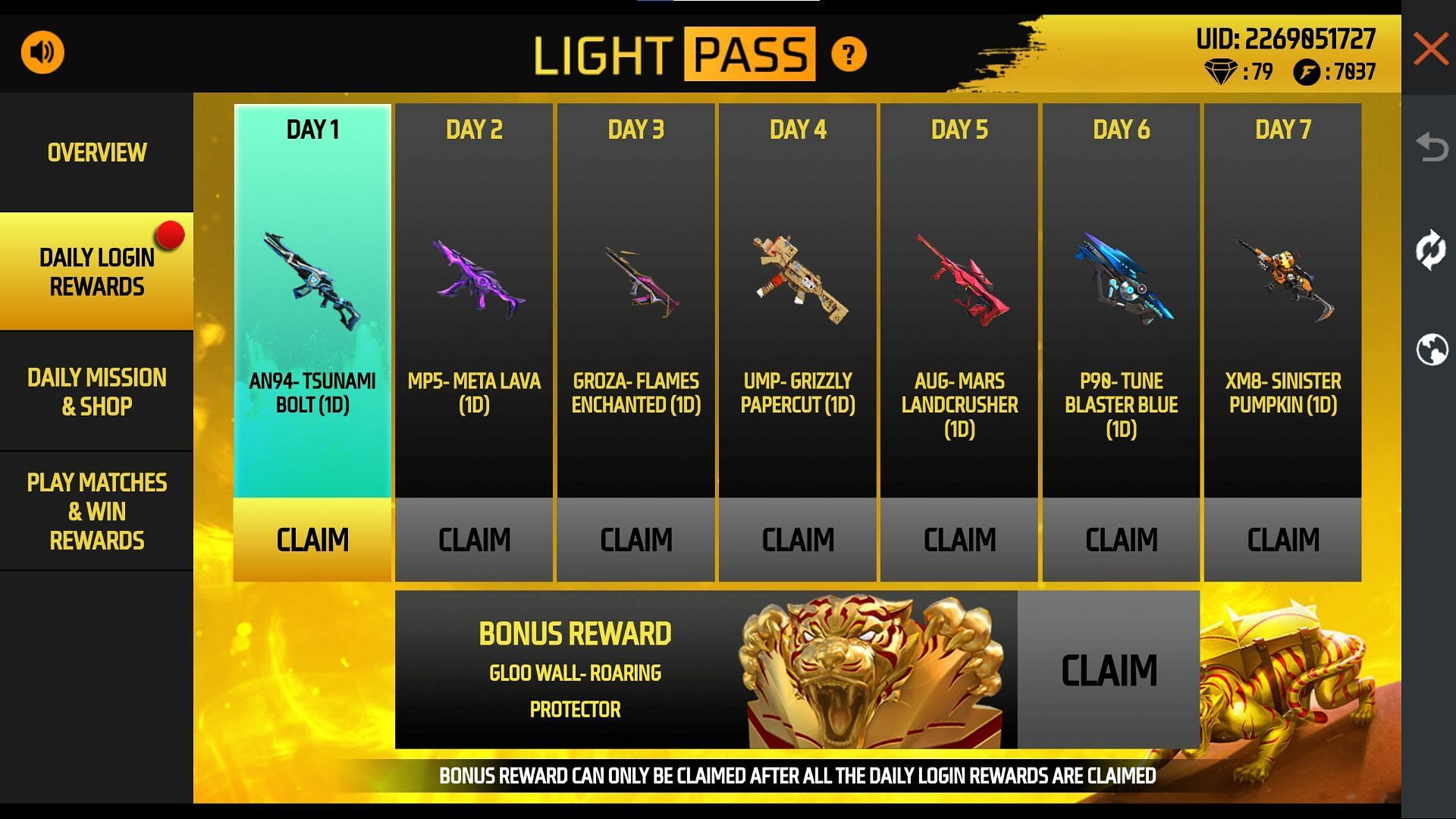 You will receive the bonus price only after receiving all the seven previous rewards (Image via Garena)