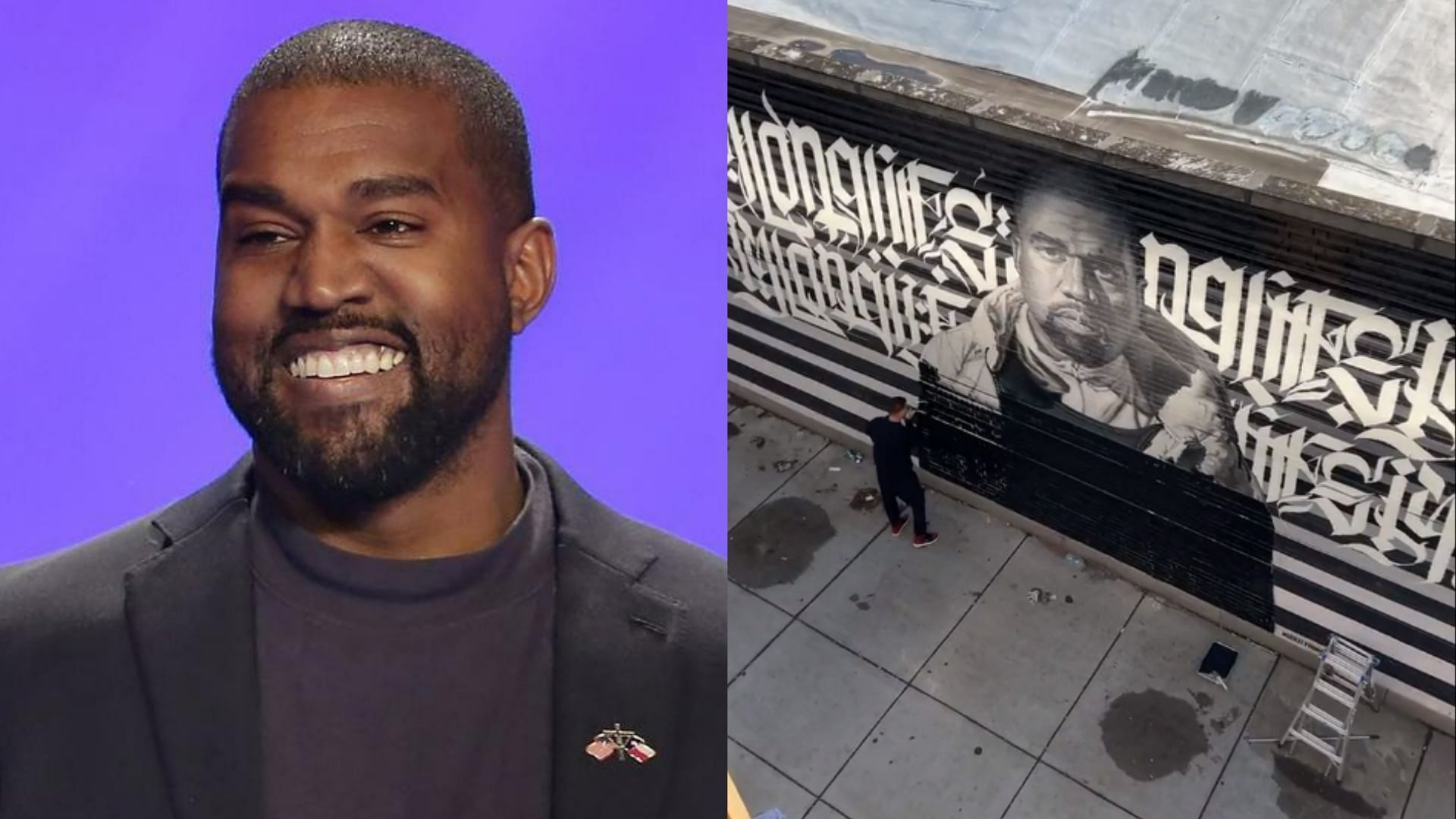 Kanye West mural painted over in light of antisemitic comments (Image via Getty Images and RuTheTailor/Twitter)