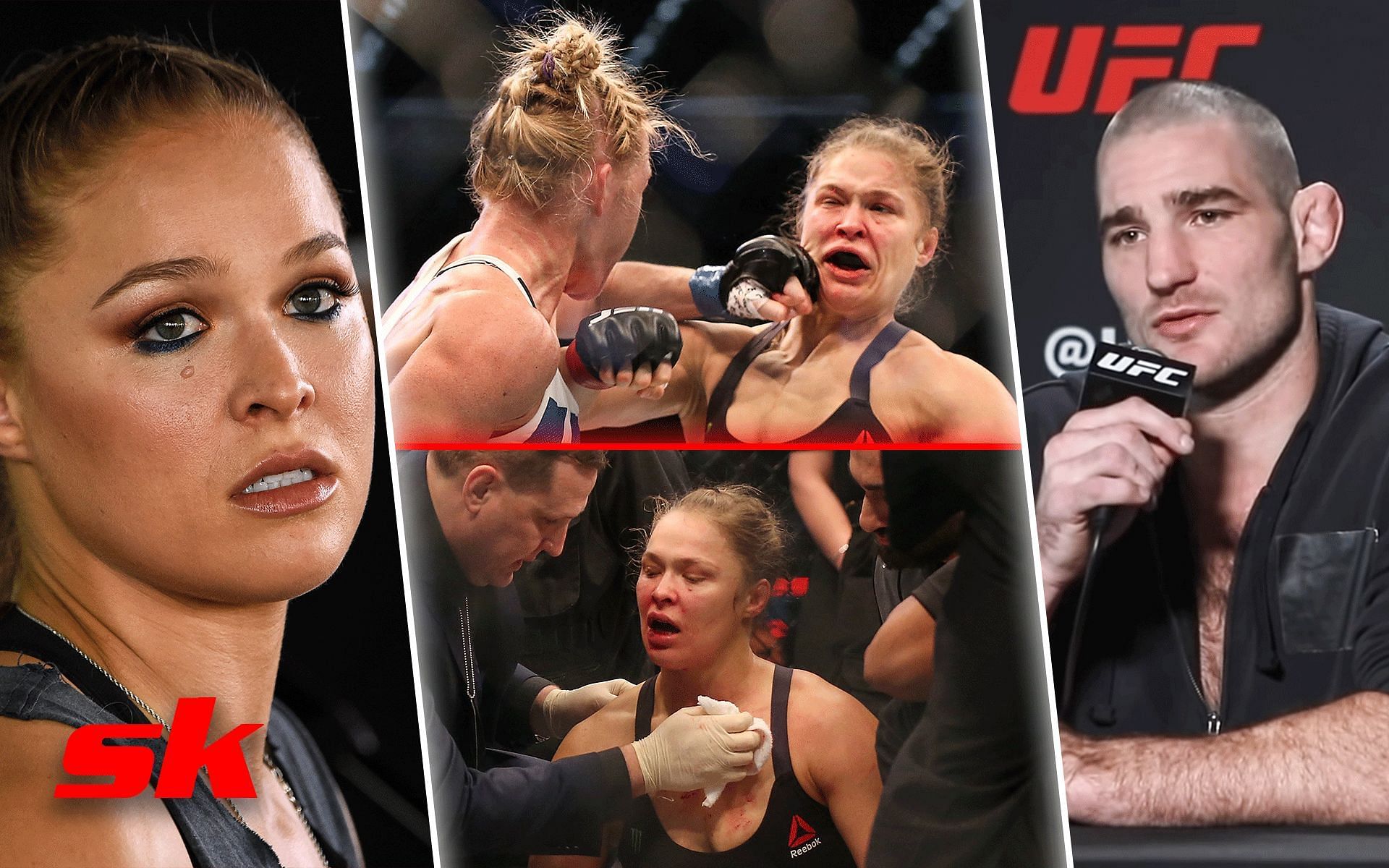 Ronda Rousey (Left), Ronda Rousey vs. Holly Holm (Middle), Sean Strickland (Right) [Image courtesy: Getty and @TheMacLife on YouTube]