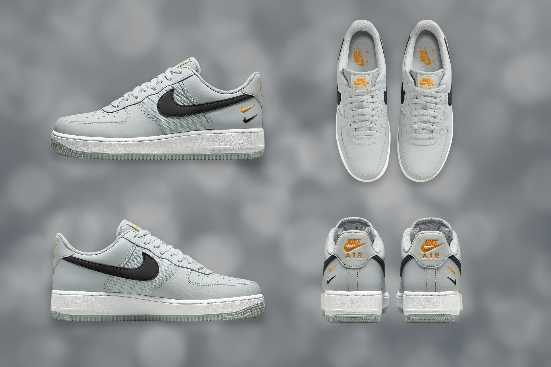 Here&#039;s a detailed look at the impending Nike Air Force 1 Low Wolf Grey Black University Gold colorway (Image via Sportskeeda)