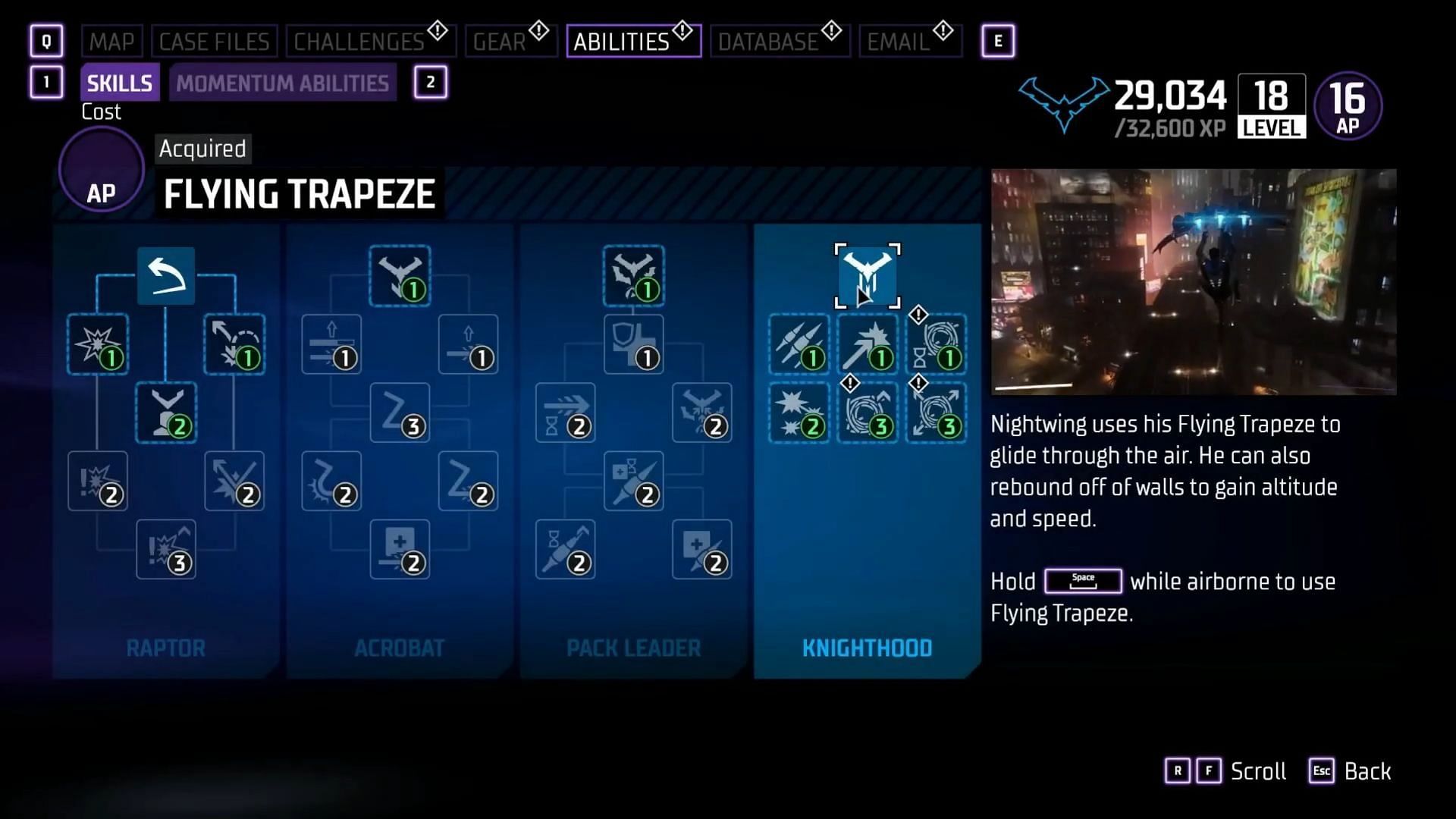 Nightwing&#039;s knighthood skill tree (Image via Youtube - TonyBingGaming)