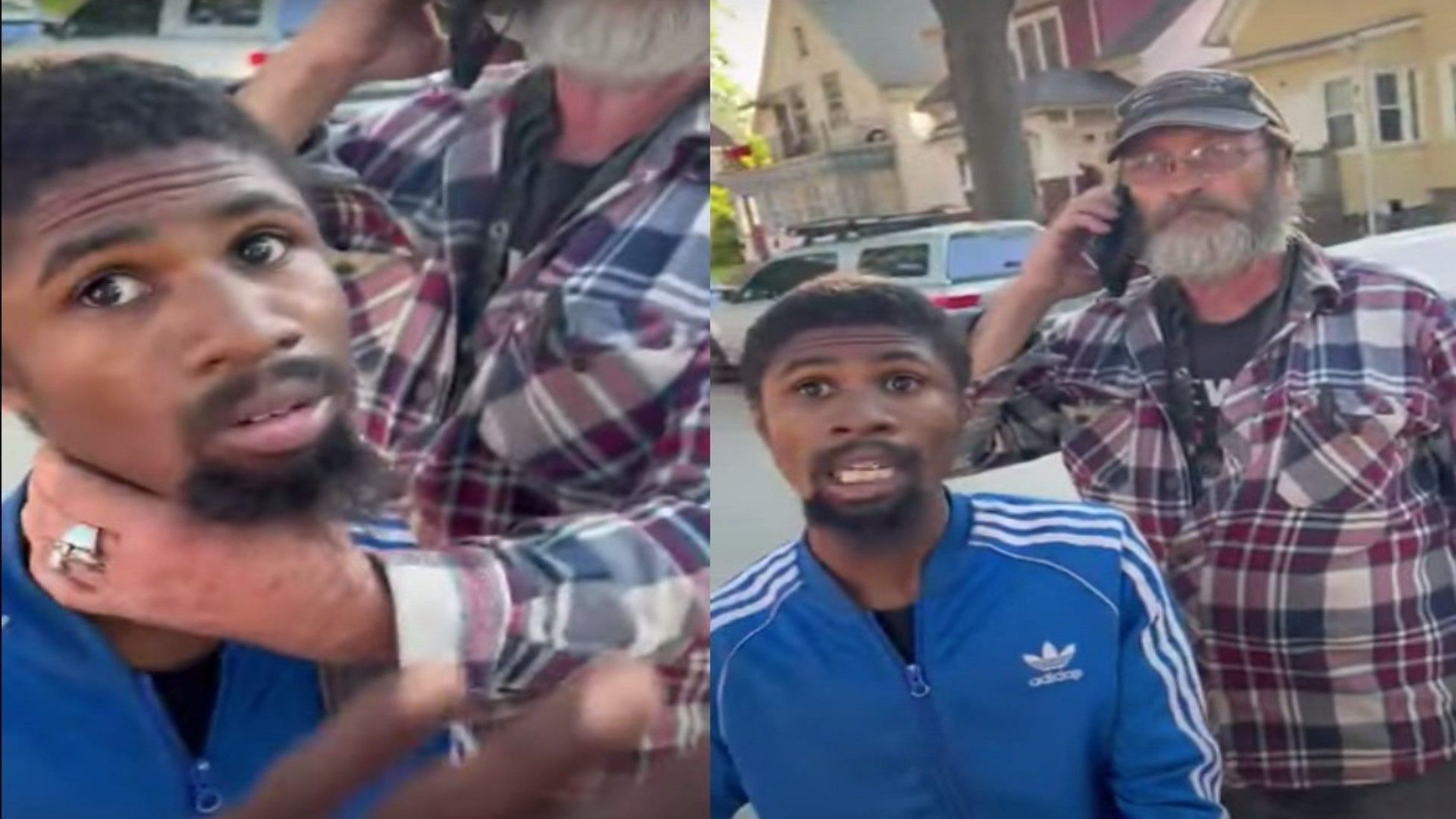 Horrifying footage shows frightened African American man held by the throat by a white man in Milwaukee (Image via Vaun Mayes/Twitter) 