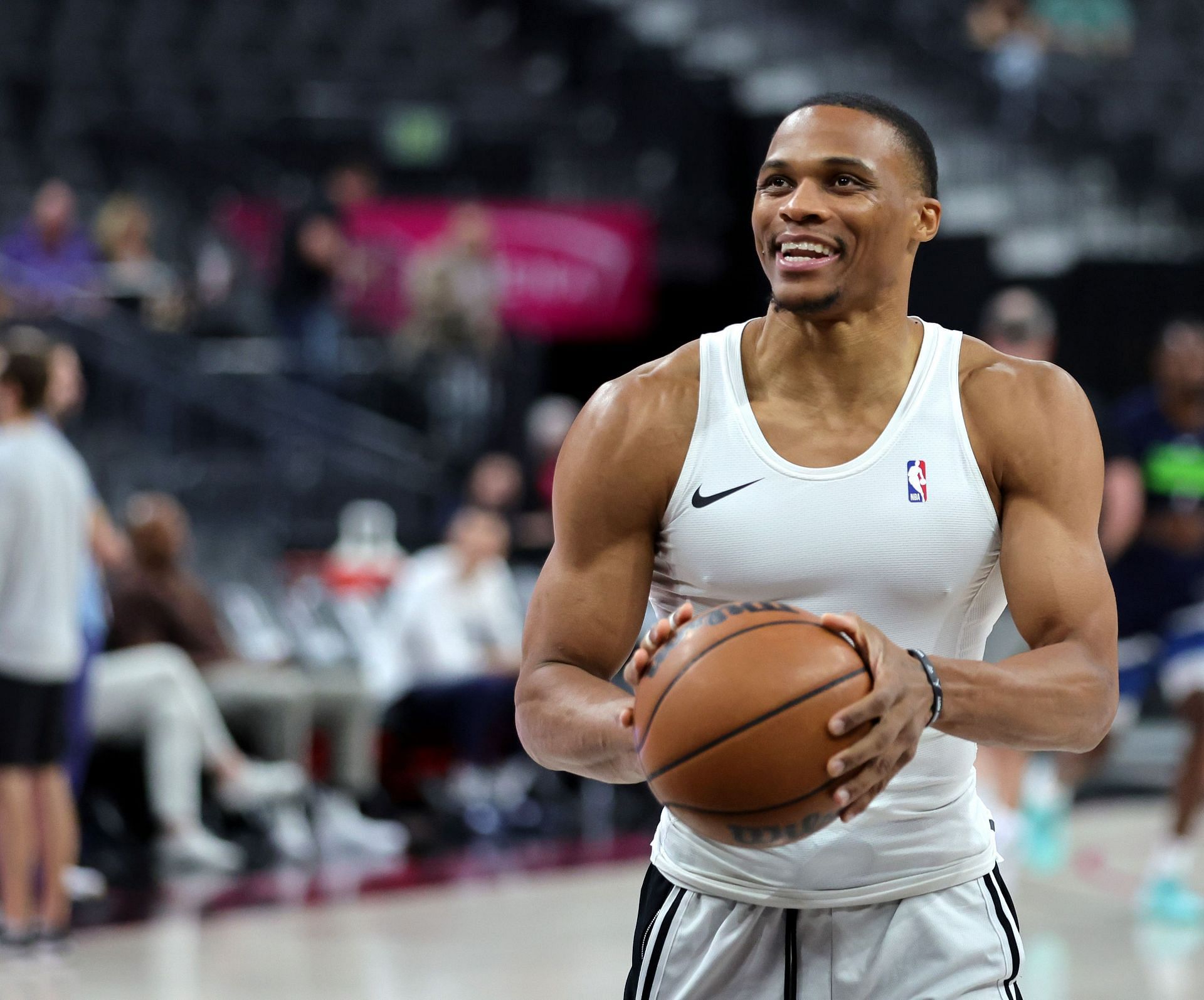 Russell Westbrook warms up before a game