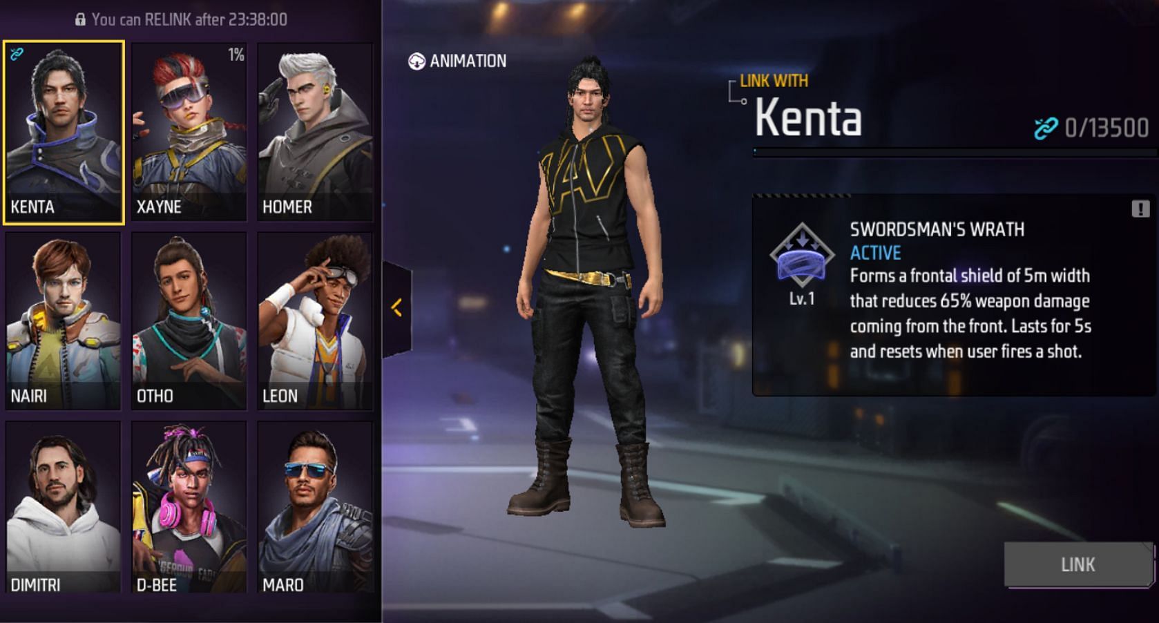 Explore the LINK system menu and choose Kenta to link it in the game (Image via Garena)