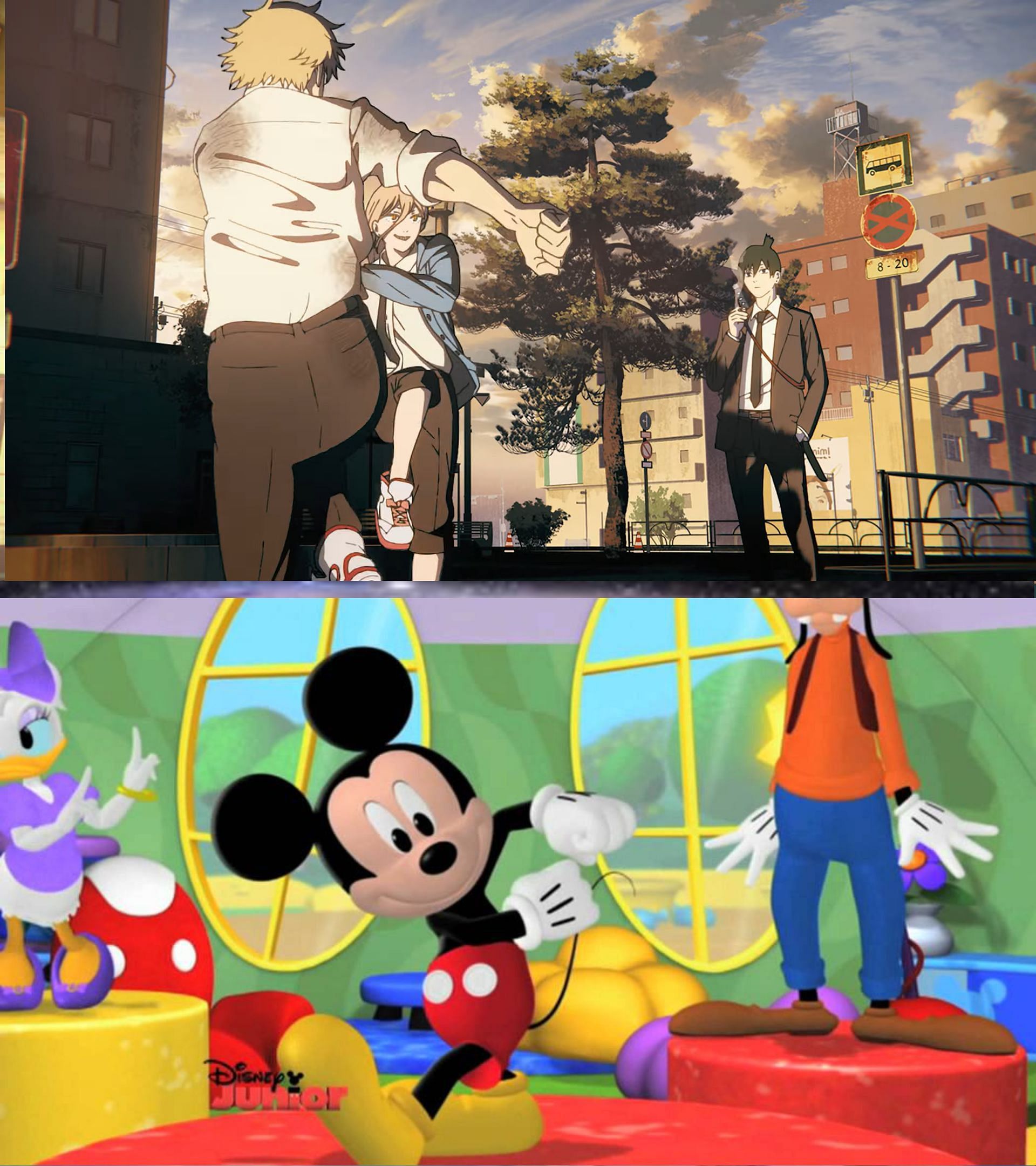 Denji and Power&#039;s dance looks similar to Mickey Mouse&#039;s dance (Image via MAPPA, Disney)