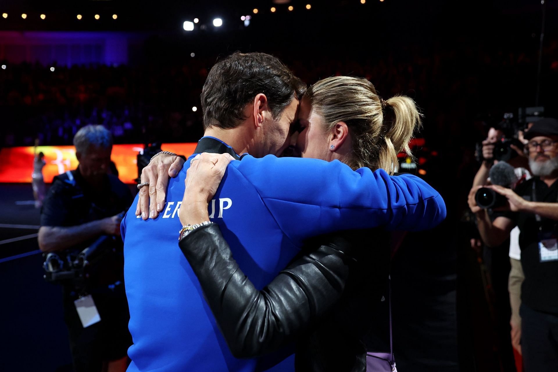 Roger Federer hugs wife Mirka during his farewell at the 2022 Laver Cup