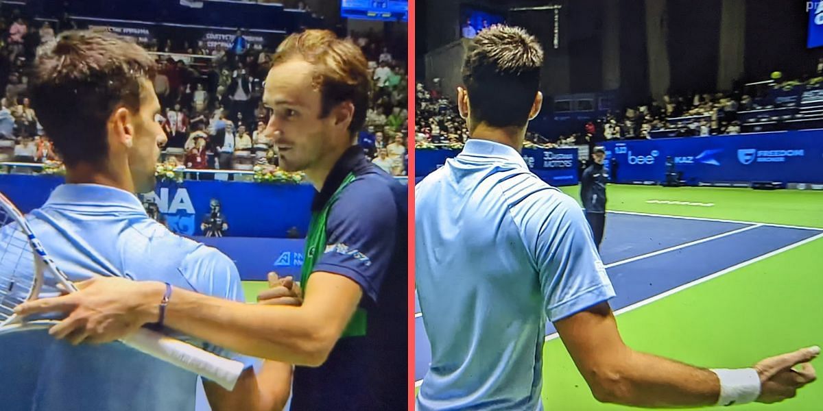 Novak Djokovic and Daniil Medvedev react during their 2022 Astana Open semifinal match