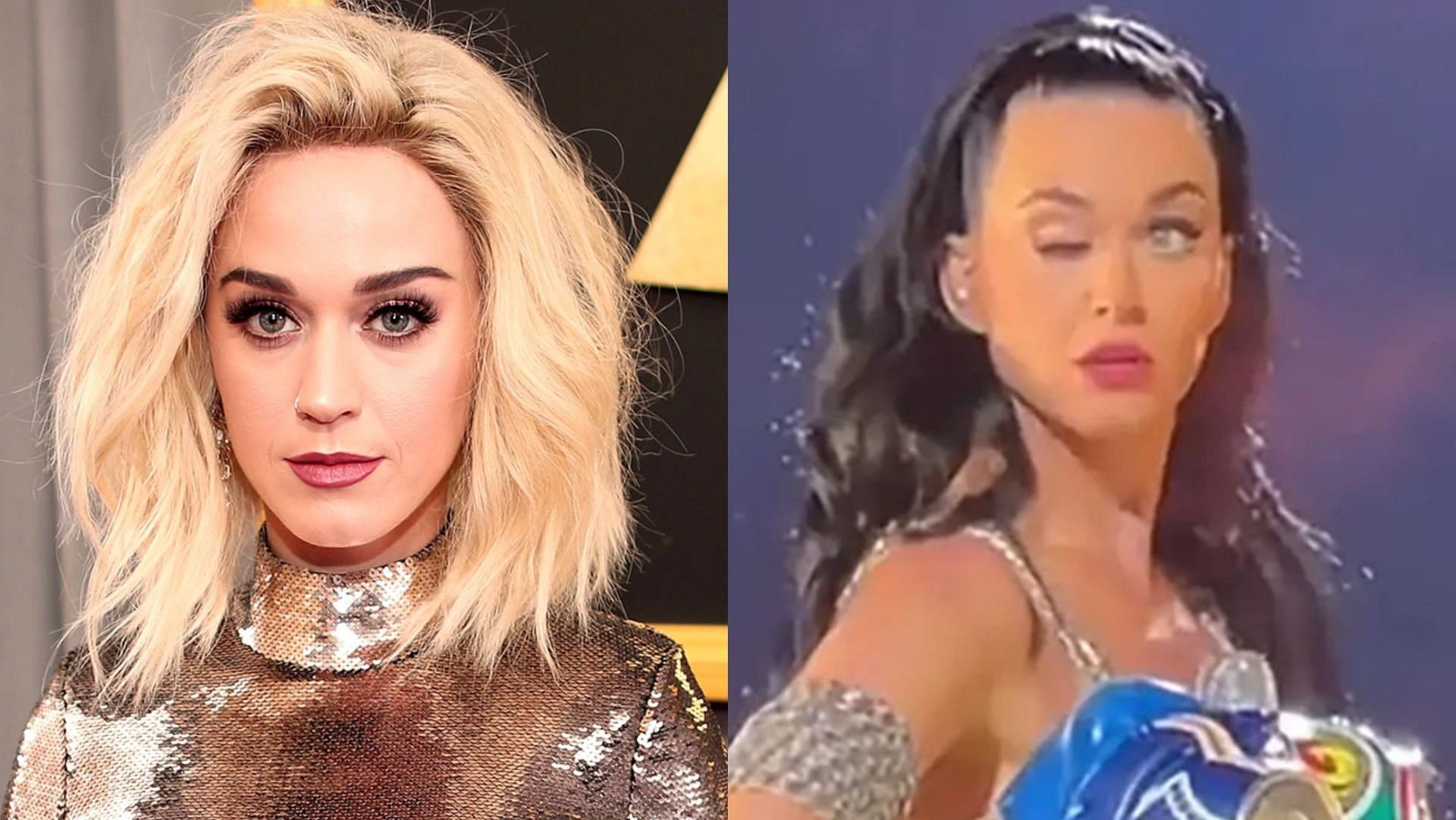 Katy Perry claims her eye malfunction was an intentional stunt. (Image via Christopher Polk/Getty, @AreOhEssEyeEe/Twitter)
