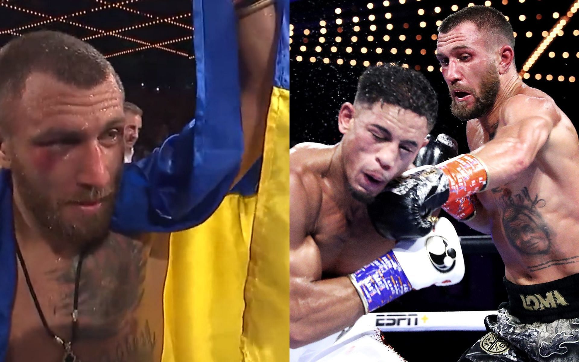 Vasiliy Lomachenko defeats Jamaine Ortiz via unanimous decision while on break from serving for Ukrainian war efforts [Images via: @trboxing and @DAZNBoxing on Twitter]