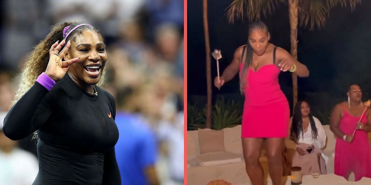 Serena Williams shows her dance moves during a party (R).