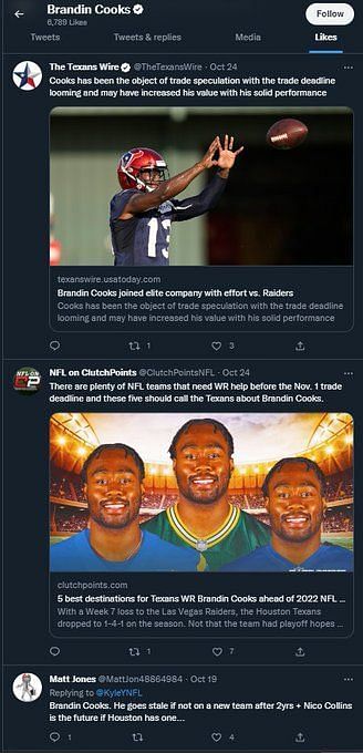 Wide receiver Brandin Cooks expressed discontent with Texans in comments to  the media on Thursday