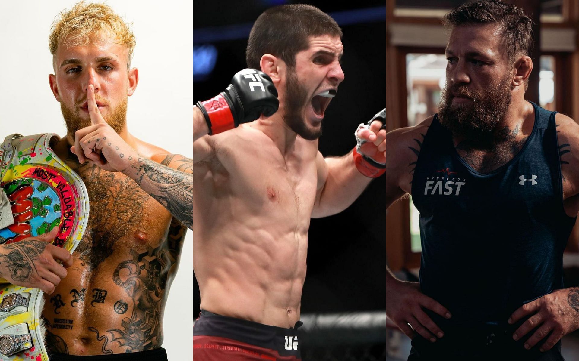 Jake Paul (Left), Islam Makhachev (Middle), Conor McGregor (Right) [Image courtesy: Getty, @jakepaul and @thenotoriousmma on Instagram]
