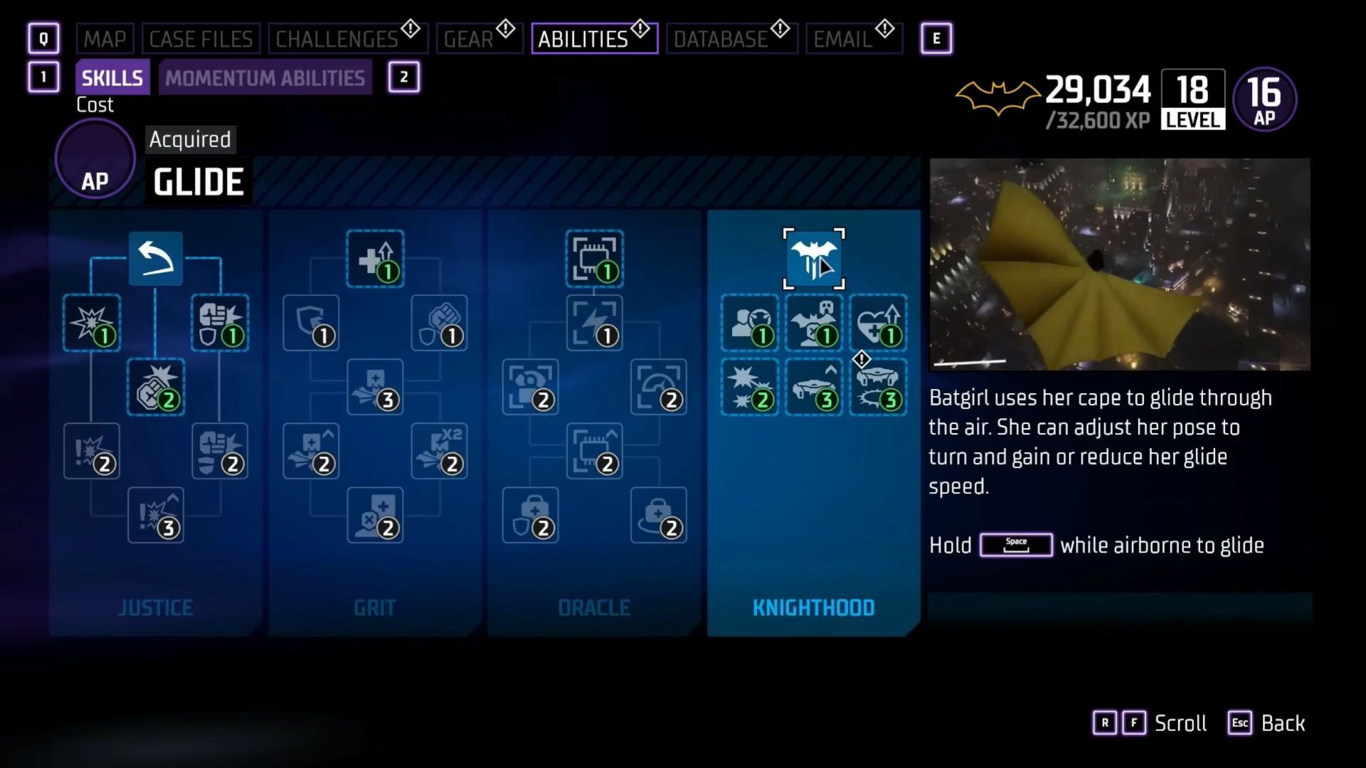 Batgirl&#039;s knighthood skill tree (Image via YouTube - TonyBingGaming)