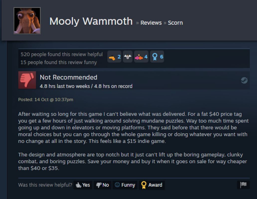 A player&#039;s review questions the price point of Scorn (Image via Steam)
