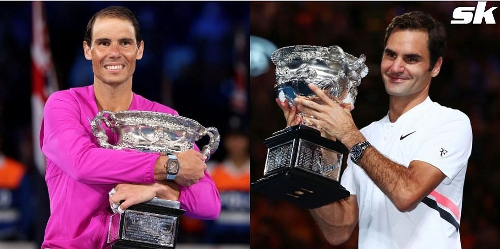 Rafael Nadal and Roger Federer at the Australian Open with their respective trophies 