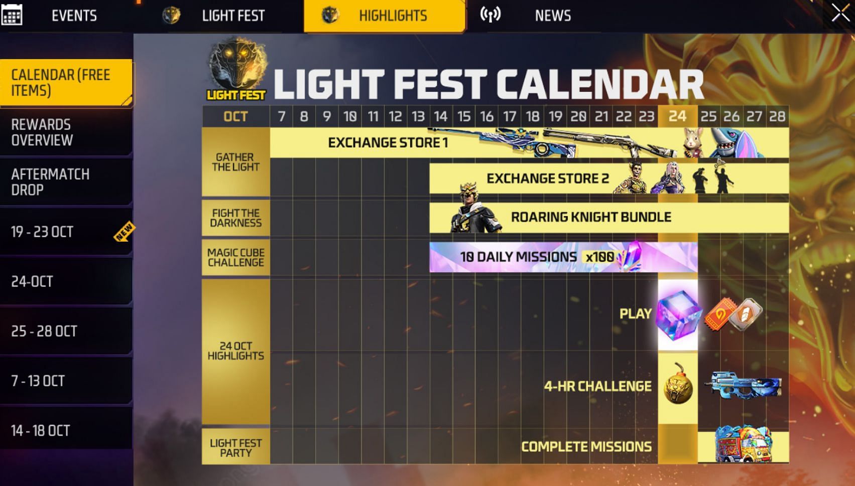 Light Fest event calendar (Image via Garena)