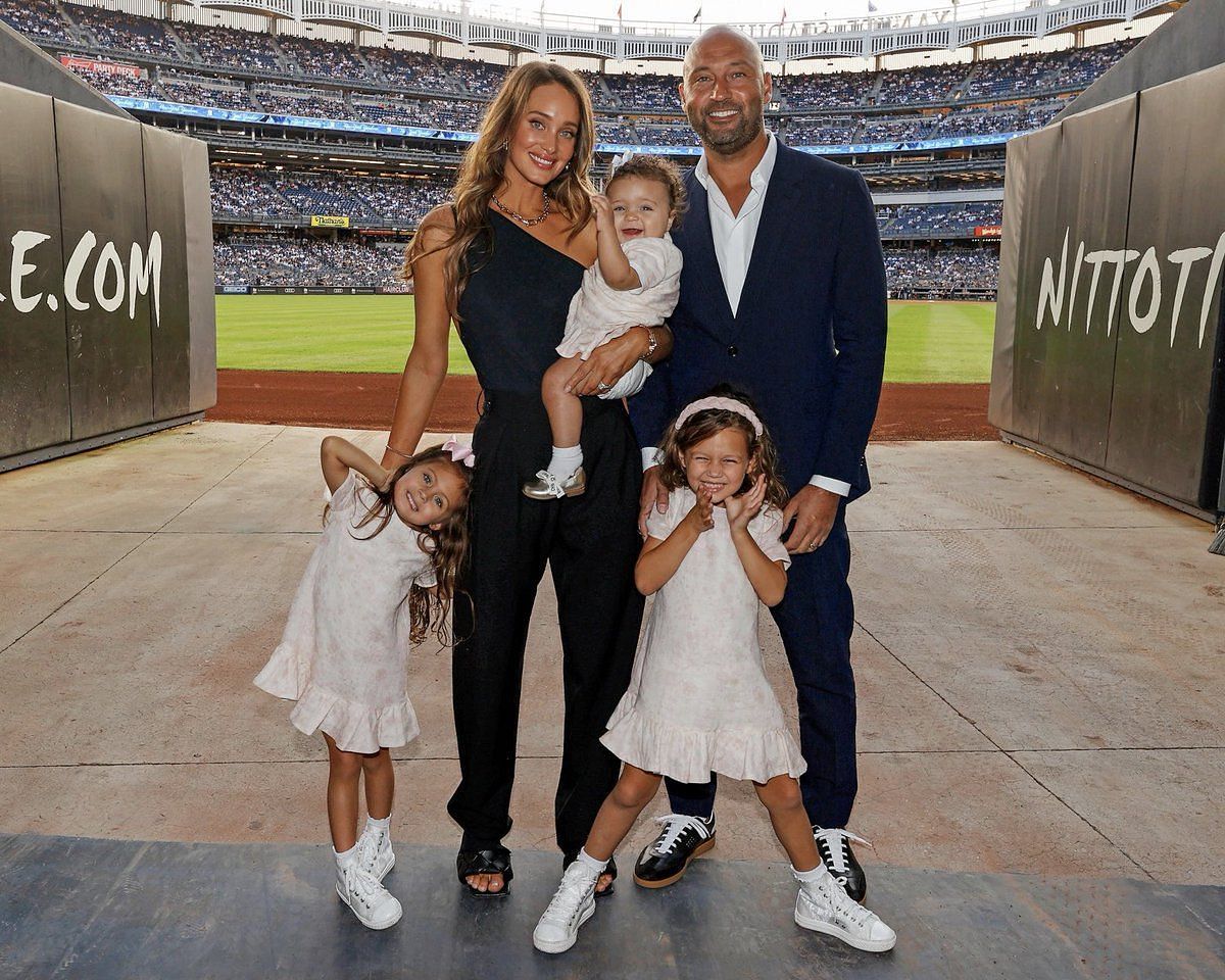 Derek Jeter and Hannah Jeter with their three daughters at Yankee Stadium.