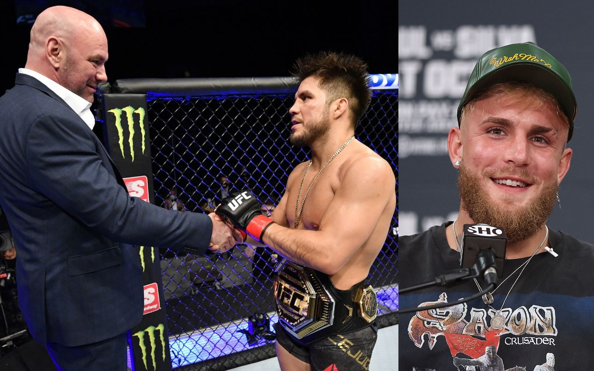 Dana White and Henry Cejudo (left) and Jake Paul (right). [Images courtesy: left image from Jeff Bottari/Zuffa LLC and right image from Getty Images]