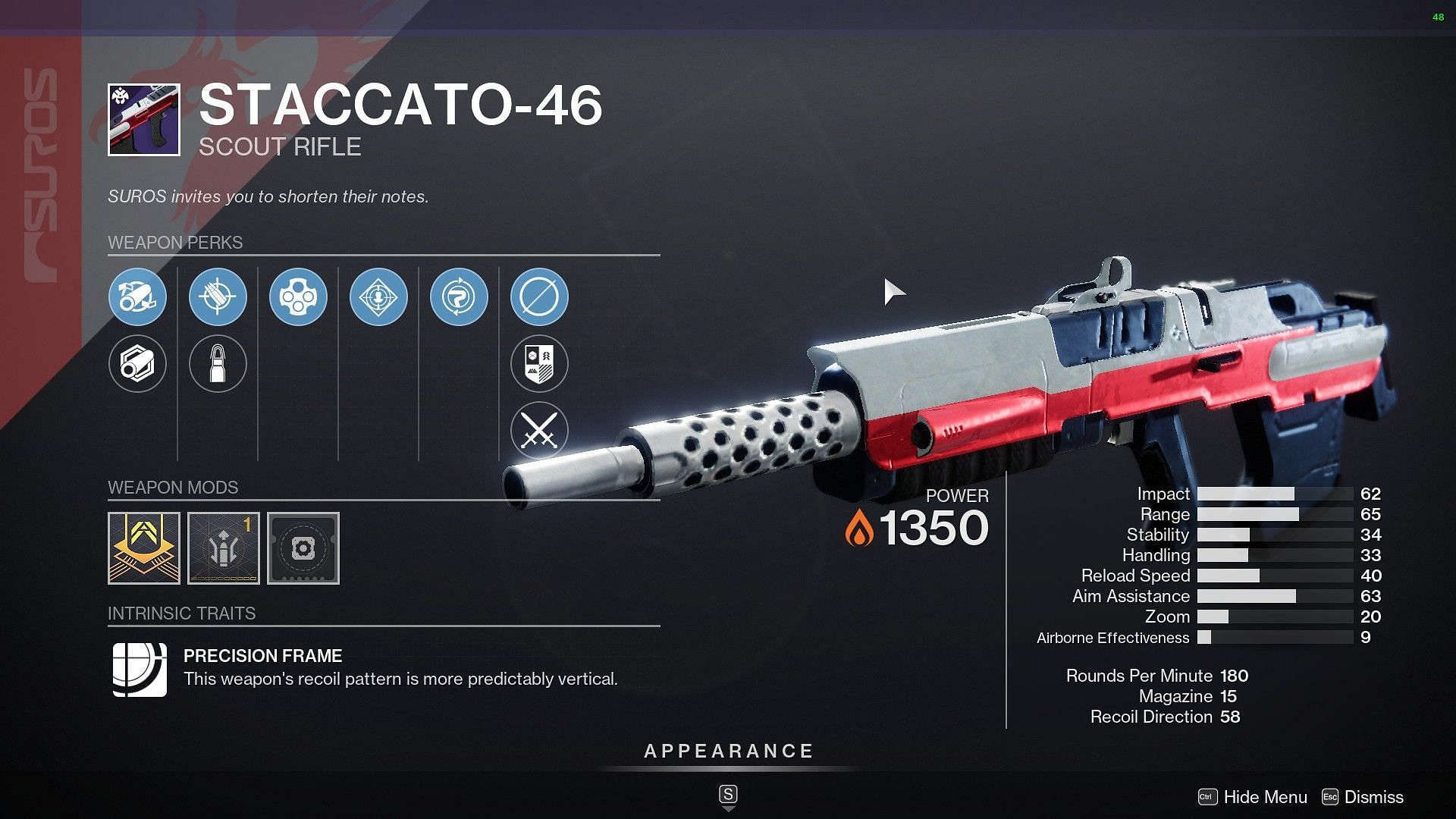 Staccato-46 Scout Rifle this week at Banshee-44 (Image via Destiny 2)