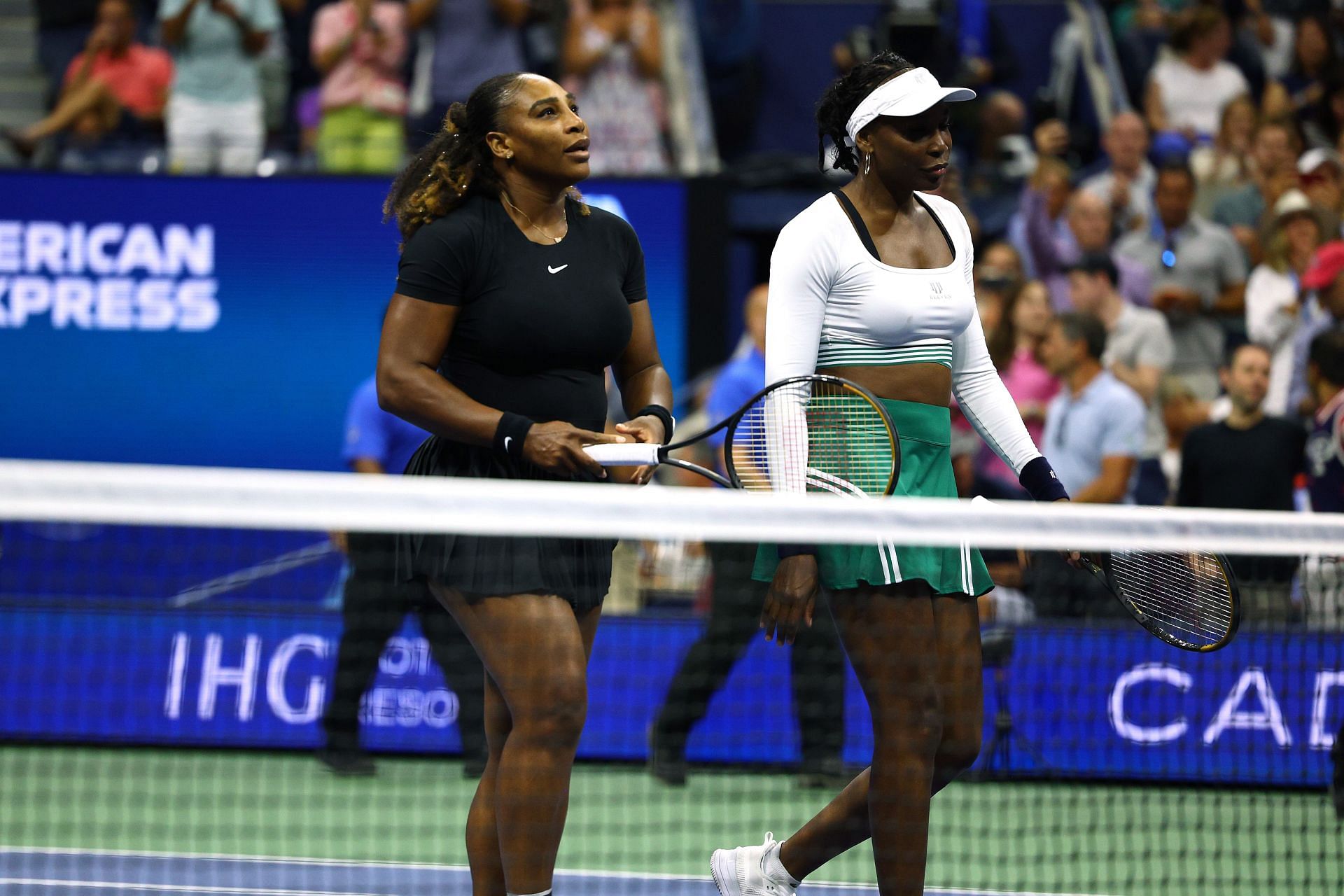 Serena Williams and Venus Williams after being defeated by Lucie Hradecka and Linda Noskova at the 2022 US Open - Day 4
