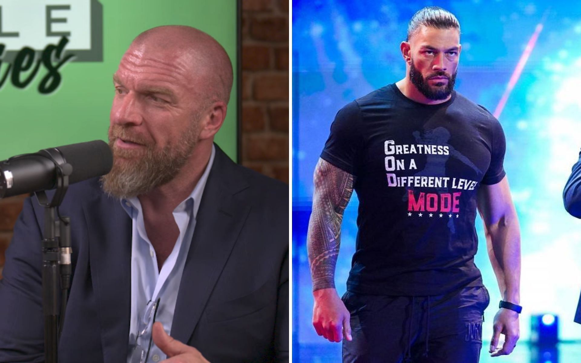 Triple H (left); Undisputed Universal Champion Roman Reigns (right)