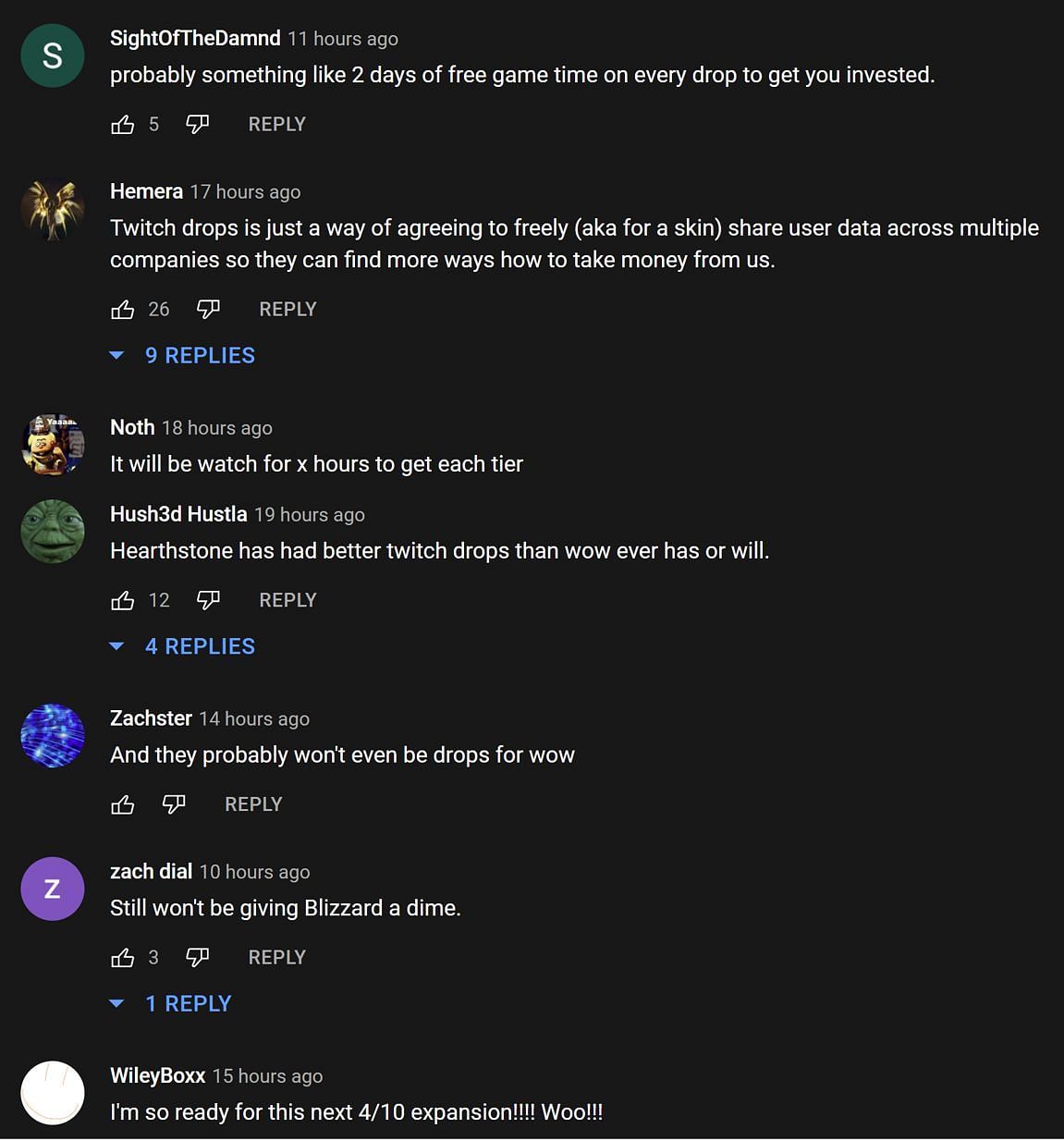 Fans in the YouTube comments section reacting to WoW: Dragonflight Twitch Drops (Images via Asmongold Clips/YouTube)