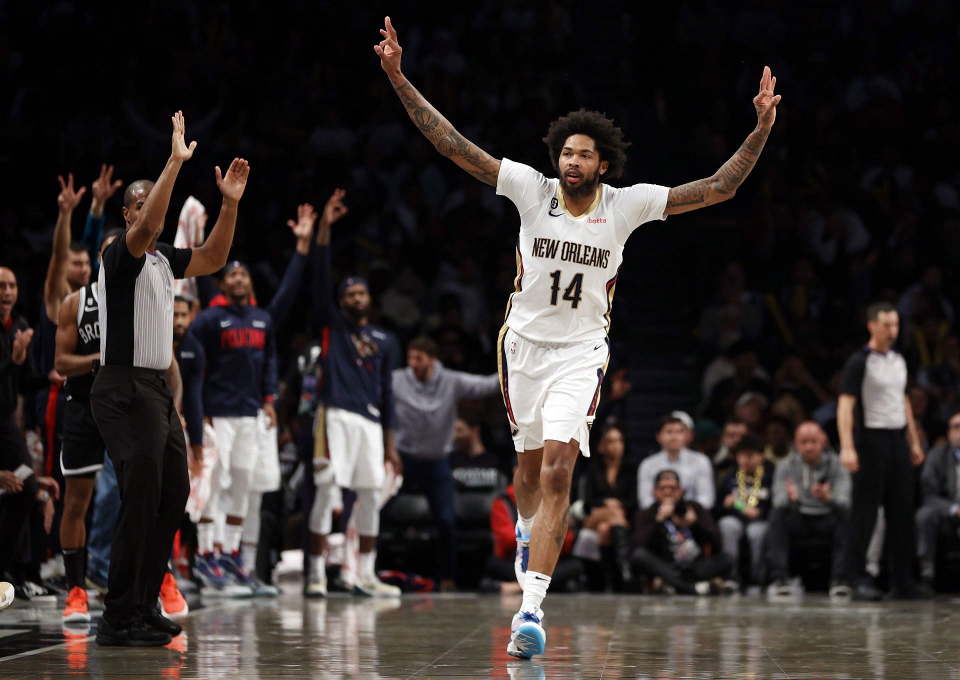 New Orleans Pelicans star Brandon Ingram reacts to a three-pointer