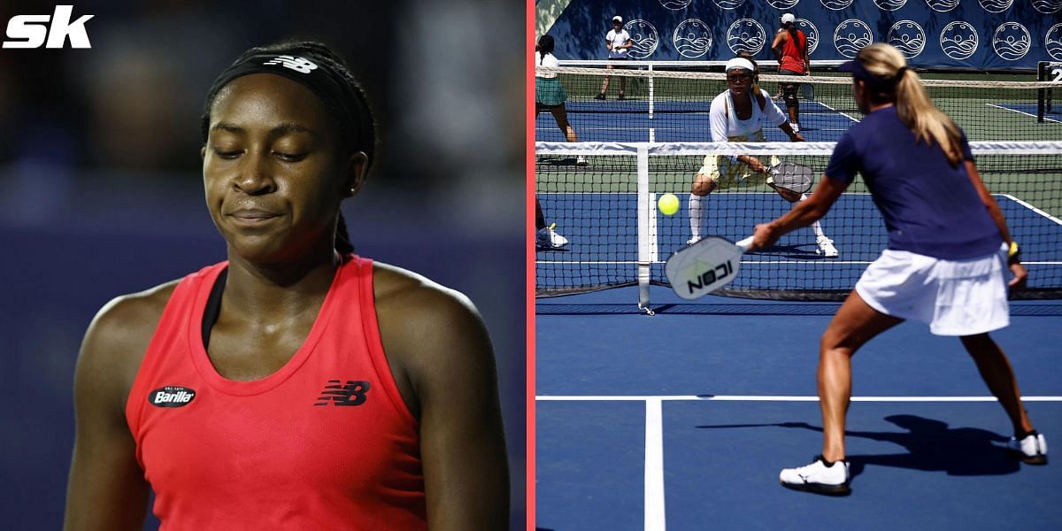 Coco Gauff in action at the San Diego Open (L); A match at the 2022 USA Pickleball West Diamond Regional (R).