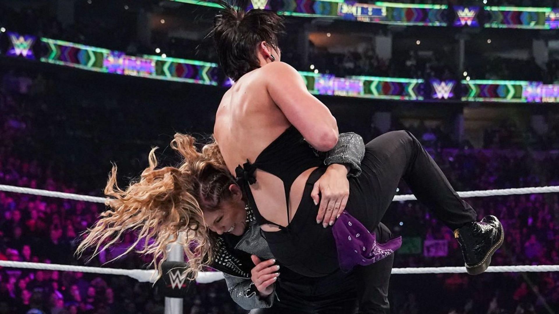 Beth Phoenix speared Rhea Ripley at Extreme Rules (Source: WWE.com)