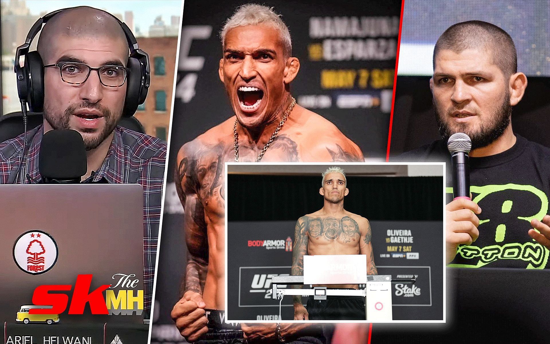 Ariel Helwani (Left), Charles Oliveira (Middle), Khabib Nurmagomedov (Right) [Image courtesy: @MMAFighting on YouTube, @BleacherReport on Twitter, @charlesdobronxs on Instagram, @khabib_nurmagomedov on Instagram]