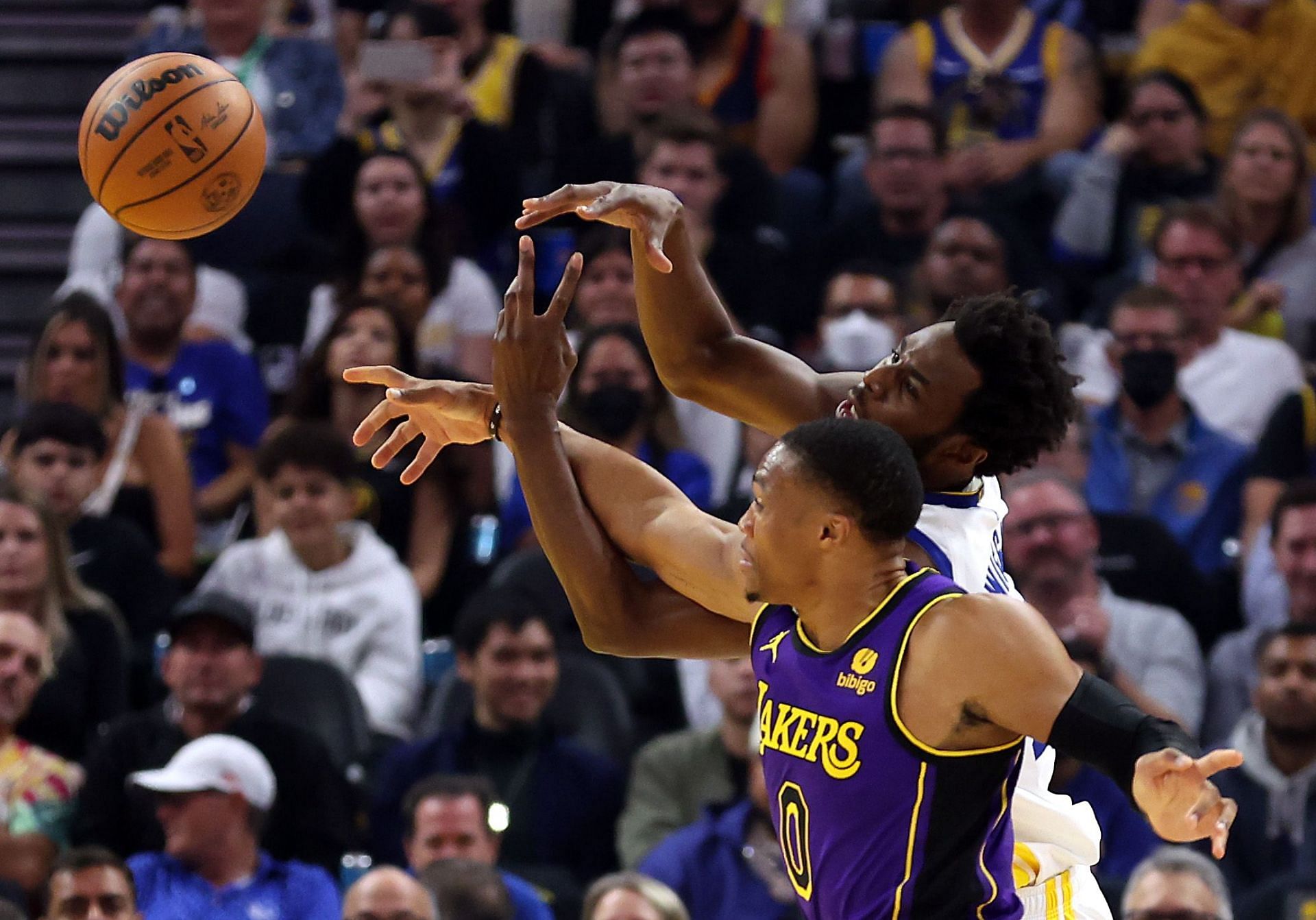LA Lakers guard Russell Westbrook fighting for a loose ball