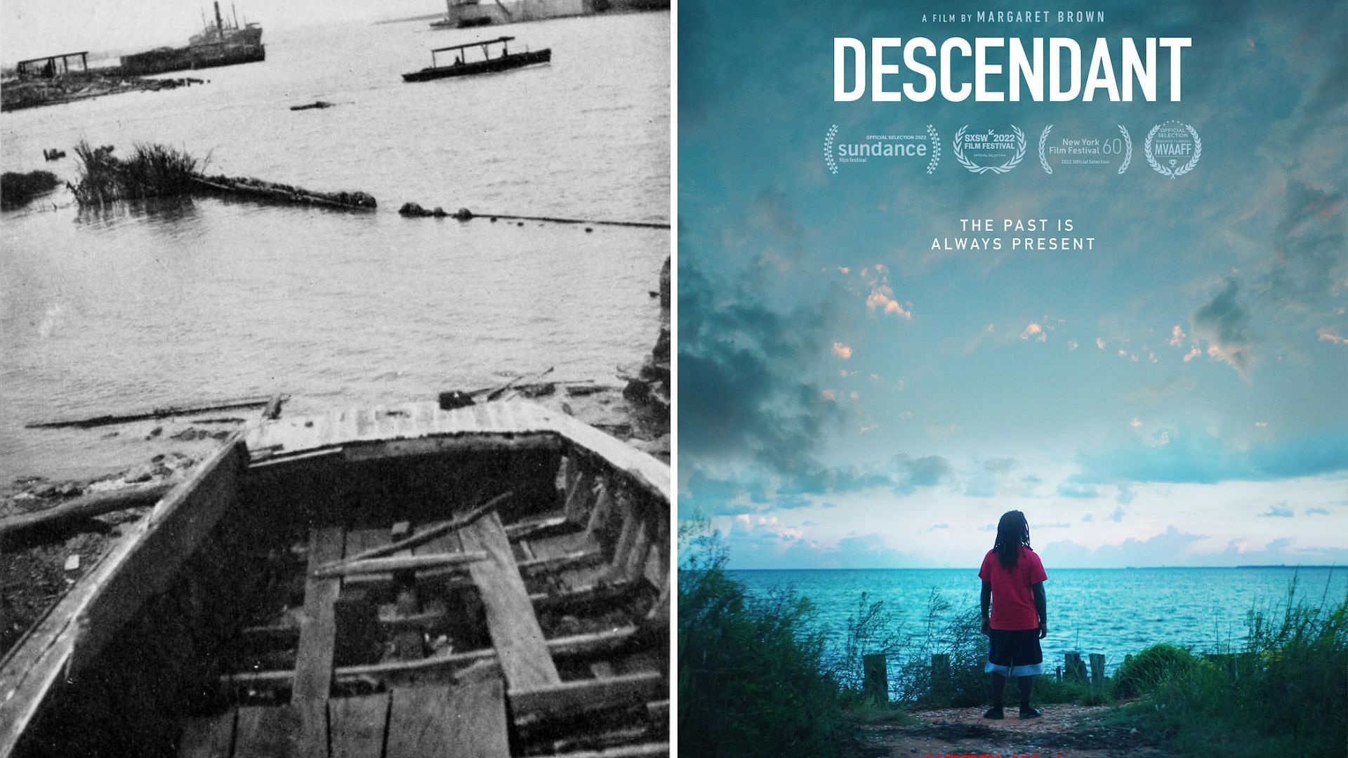 An image of the wreck of Clotilda (left) and The Descendant official poster (Images via Wikipedia and Netflix)