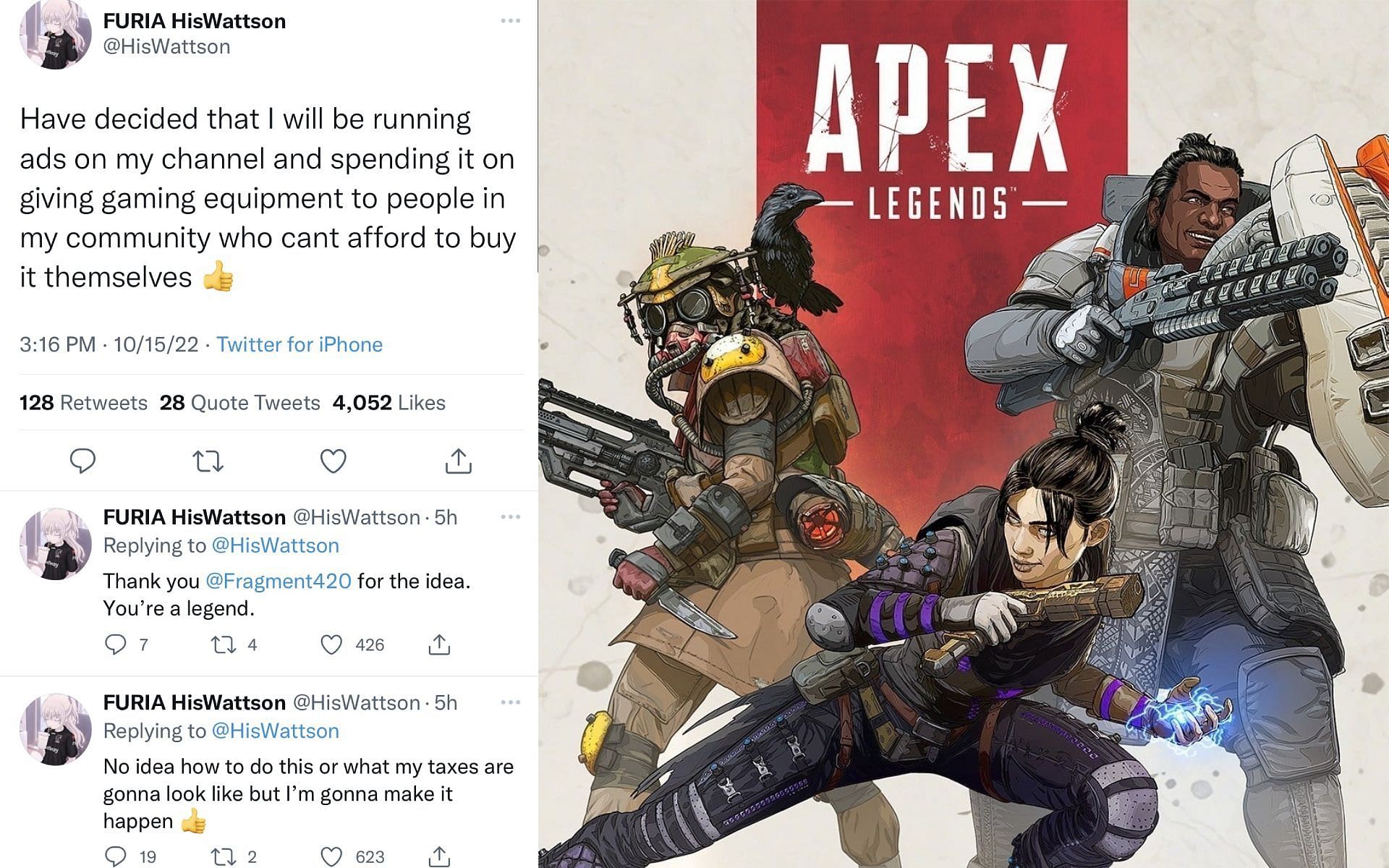 Apex Legends pro HisWattson reveals his upcoming endeavor on Twitter (Image via Sportskeeda)