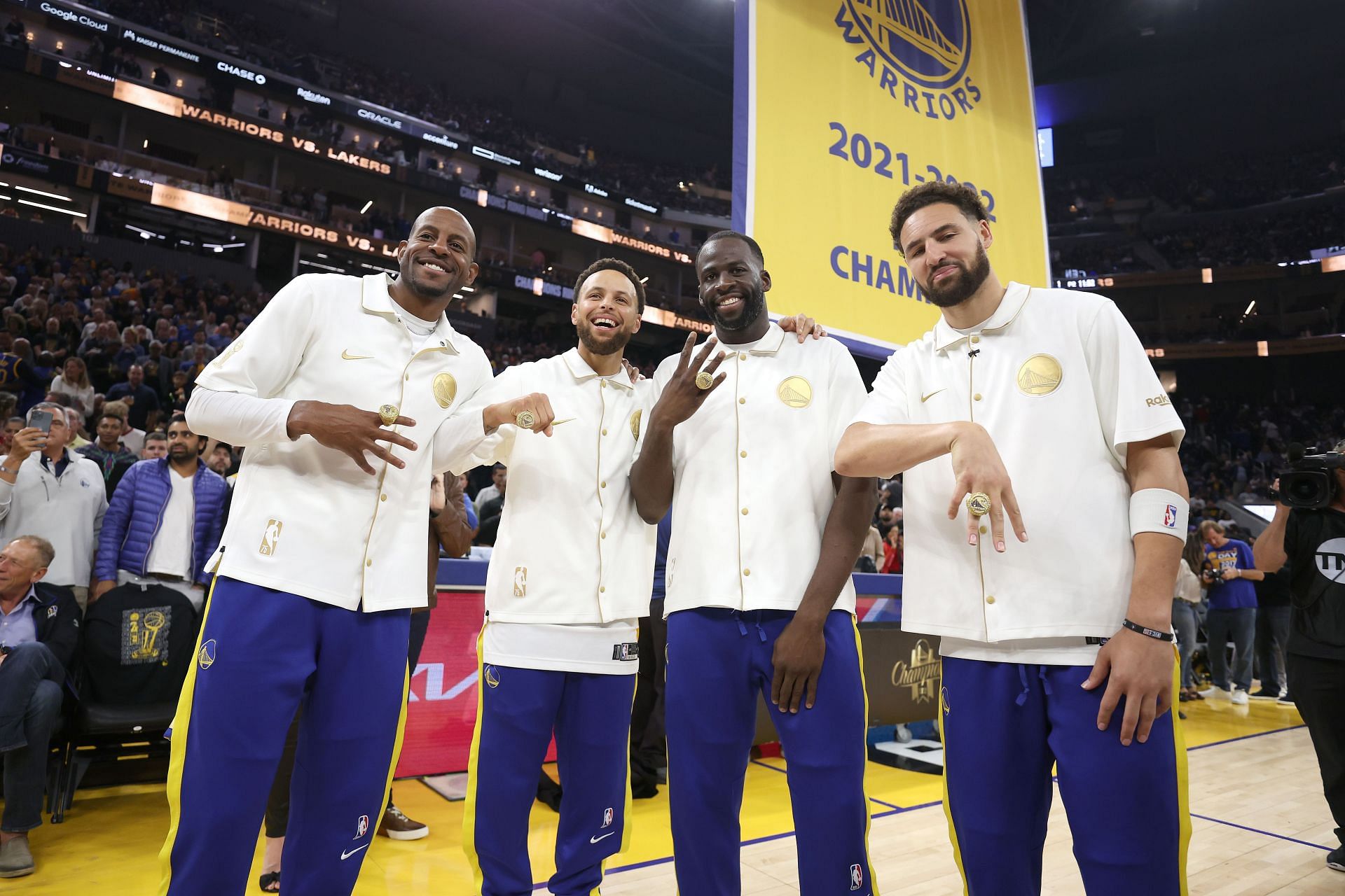 Andre Iguodala, Steph Curry, Draymond Green, and Klay Thompson of the Golden State Warriors