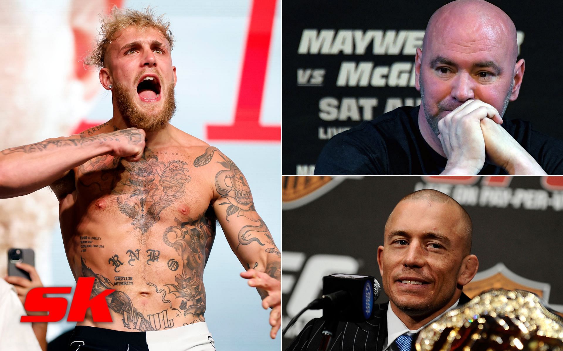 Jake Paul (left), Dana White (top right), Georges St-Pierre (bottom right)