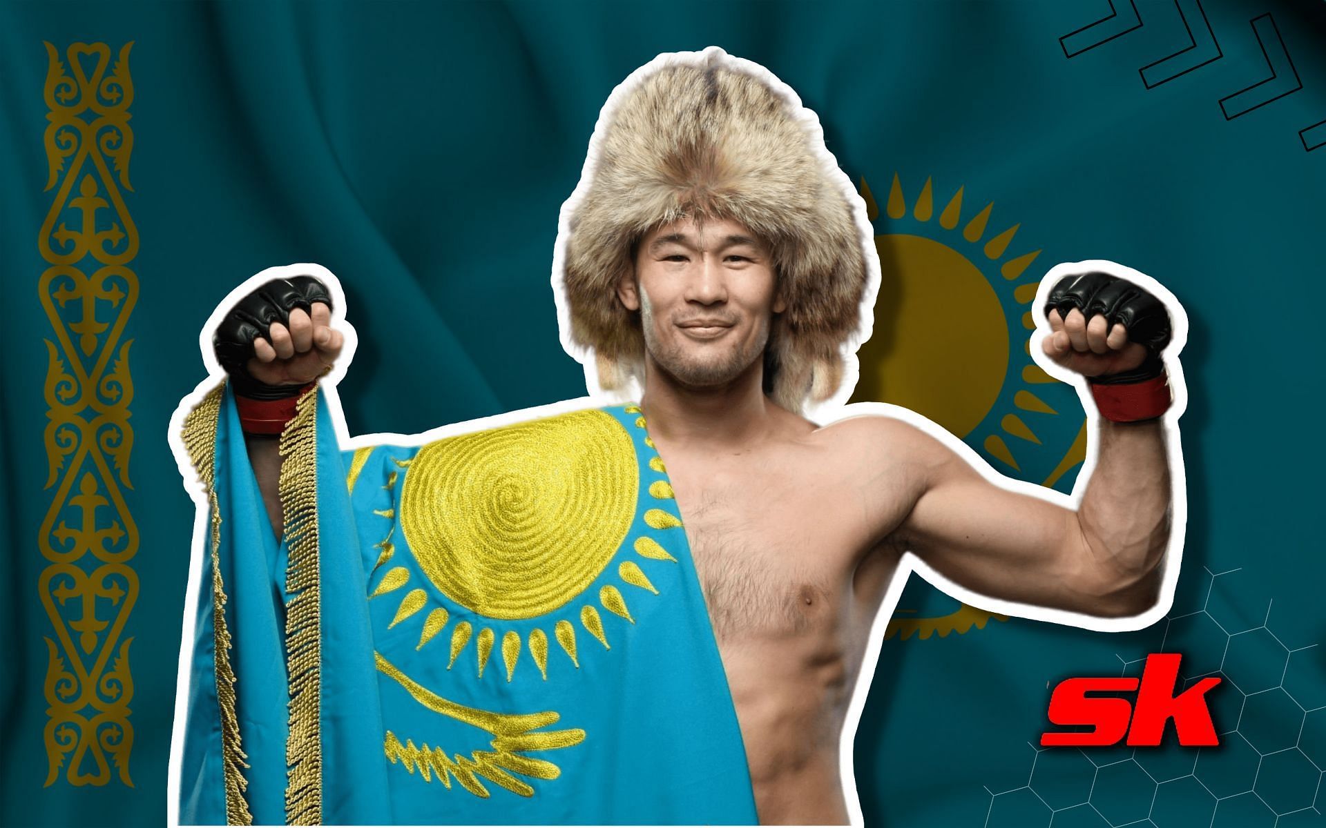 Shavkat Rakhmonov poses with the flag of Kazakhstan. [Image credits: Getty Images]