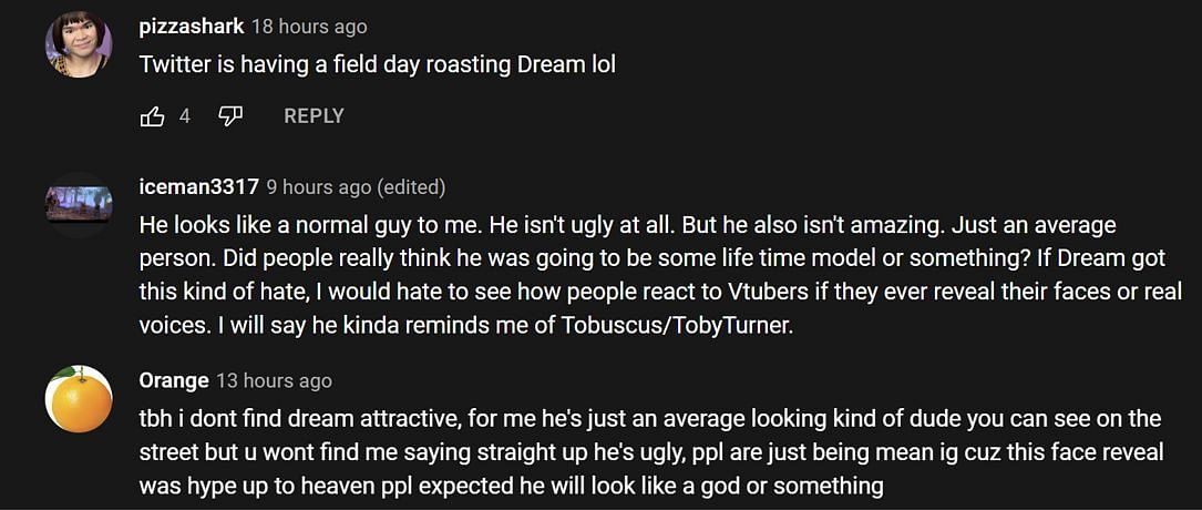 Fans in the YouTube comments section reacting to Dream&#039;s face-reveal (Image via Twitch Edited Clips/YouTube)