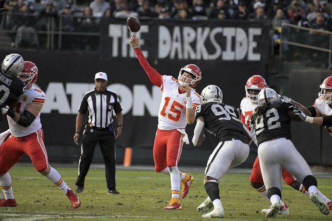 Kansas City Chiefs quarterback Patrick Mahomes pumps up the crowd prior to  an NFL football game against the Las Vegas Raiders Monday, Oct. 10, 2022,  in Kansas City, Mo. (AP Photo/Ed Zurga